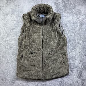 Democracy Faux Fur Vest Sage Green Womens S Full Zip Pockets Cinch Waist